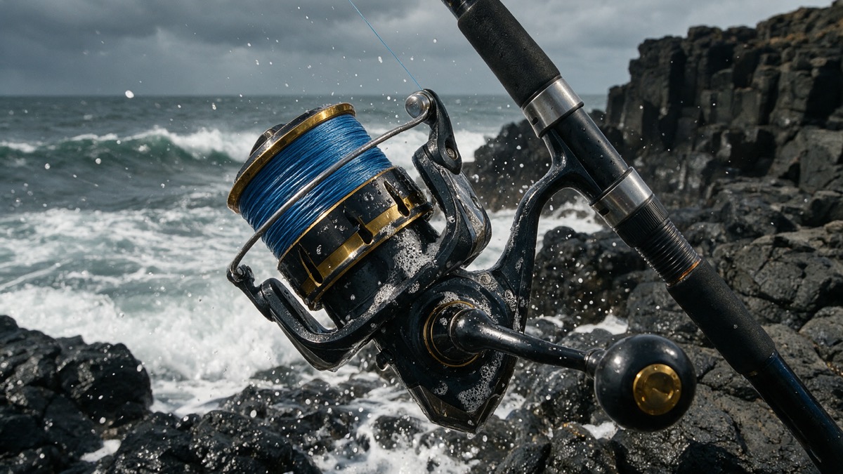 крупная морская катушка Daiwa с толстым шнуром, солёные брызги на корпусе, скалистый берег