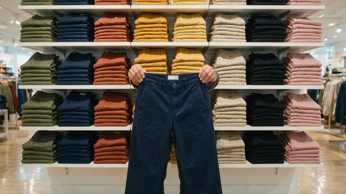 разложенные брюки Uniqlo, на поясе видна бирка с числом размера, рядом сантиметровая лента