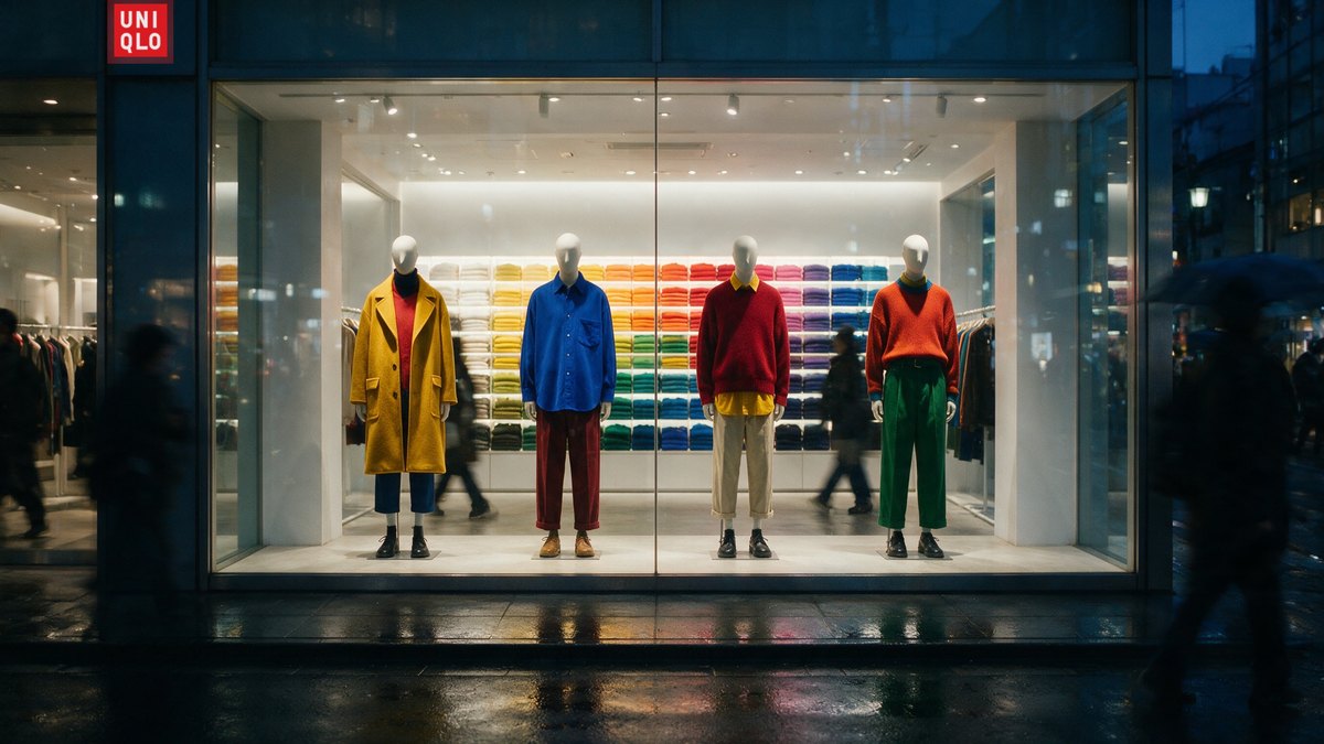 витрина японского магазина Uniqlo с вывеской коллекции, документальное фото